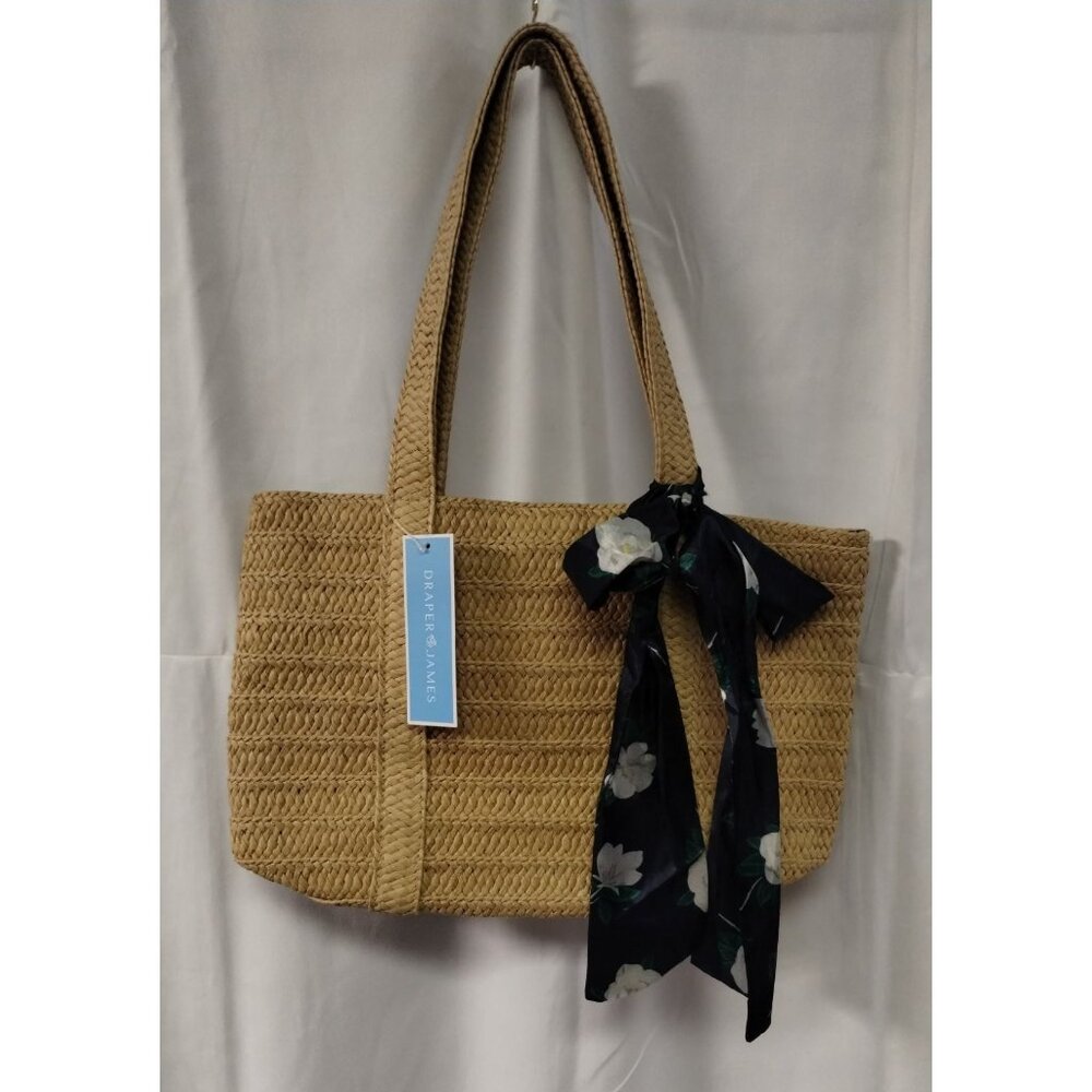 Draper James Women's Tan/Navy Blue Straw Shoulder Bag SKU 2047